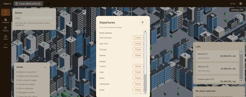 A Departures modal listing cities in North America and Europe, each with a Travel button.