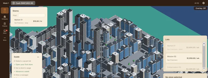 The game's isometric San Francisco map with a store directory panel, a scrollable list of rentable lots with weekly rents, and a guide checklist.