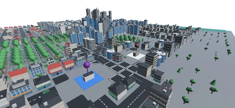 A low-poly city block seen from above with a small storefront building highlighted on a blue lot.