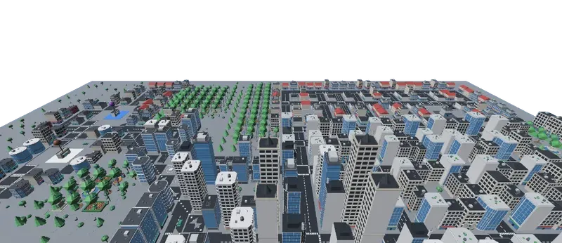 A wide low-poly city vista of towers, suburbs and parkland under a deep blue sky.